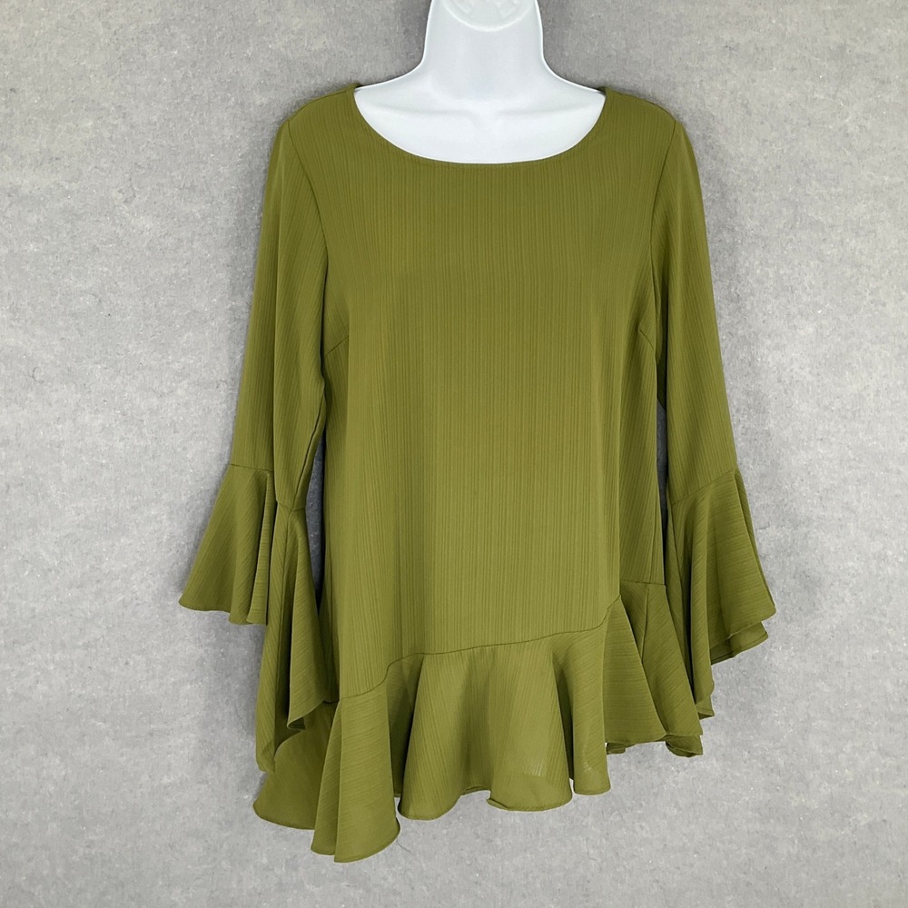 Umgee Top Womens Sz S Olive Green Ruffle Bell Sleeve Blouse Forest Fairy Boho